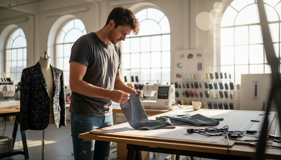 Textile designer examining wearable tech swatches