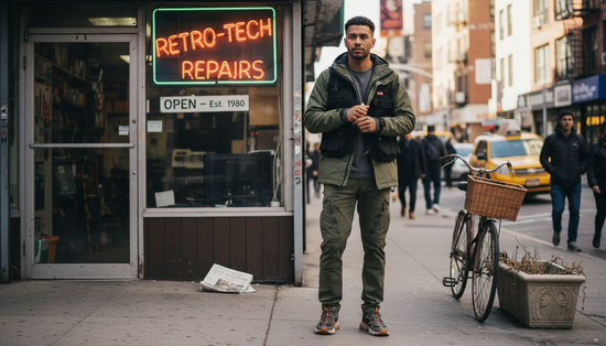 Man layering techwear on city street