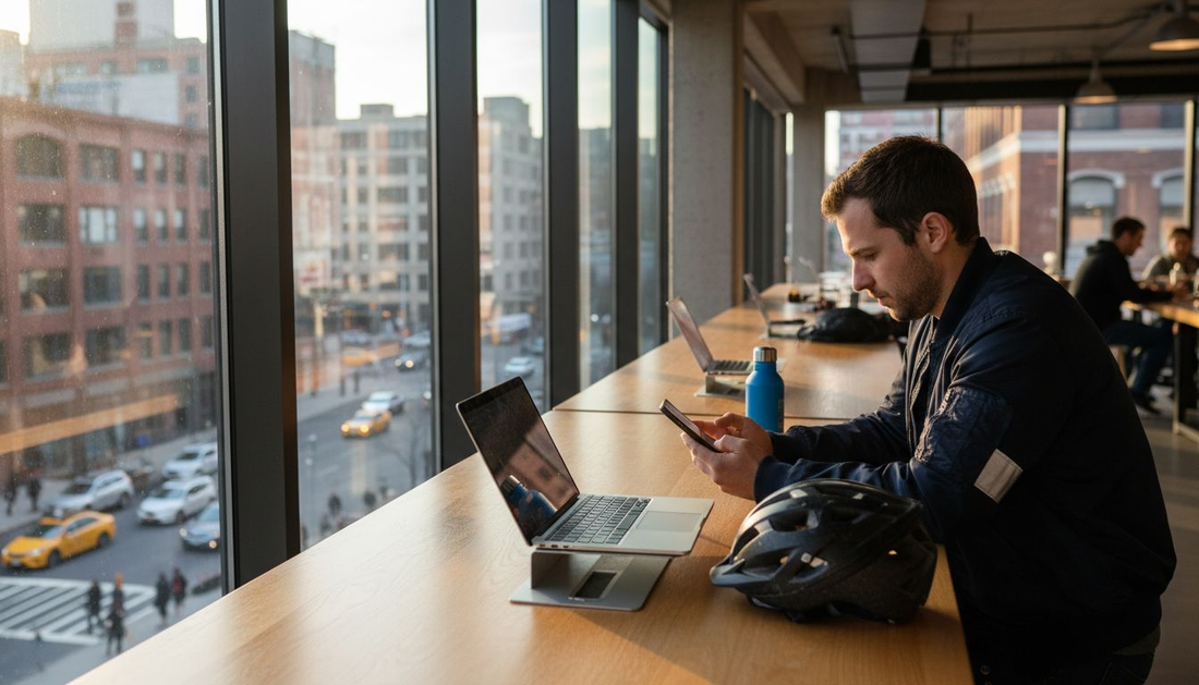 Person using tech in city coworking lounge