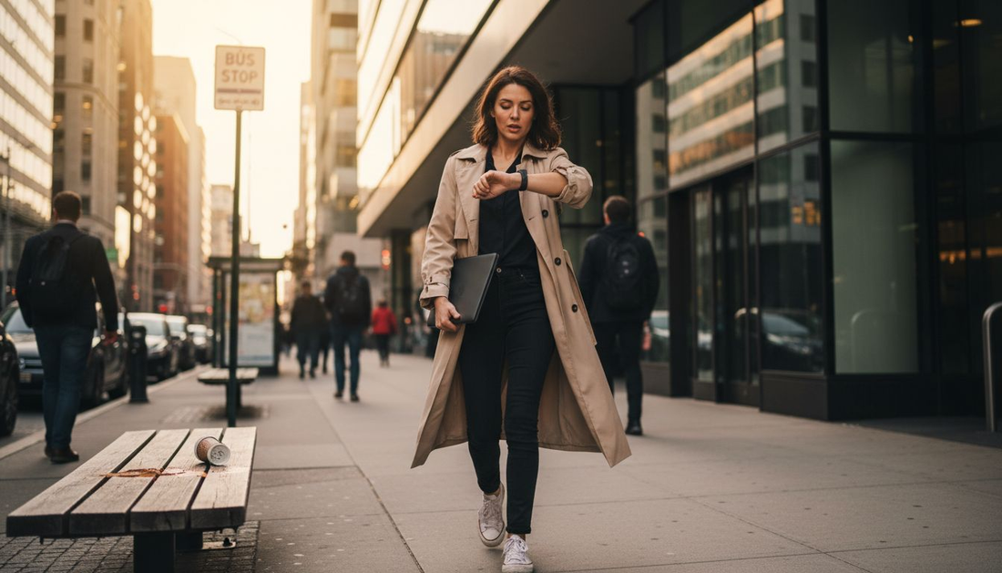 Woman using smart accessory on city street
