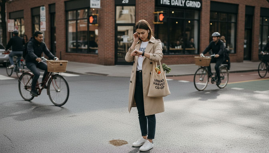 Woman wearing smartwatch waiting at crosswalk