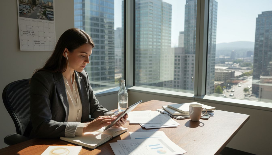 Woman using smart jacket in office