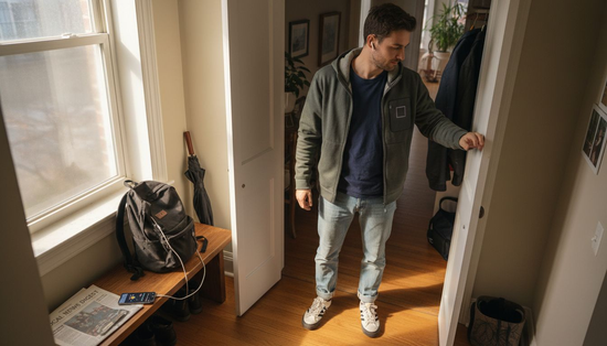 Man choosing tech-enabled jacket at home