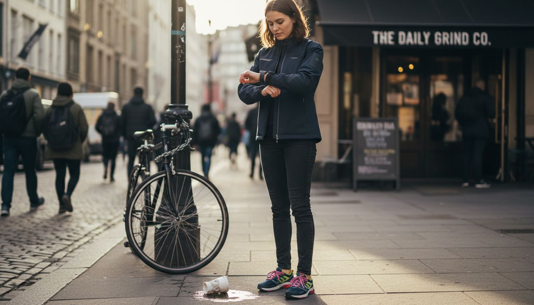 Woman wearing style-smart gear on city street