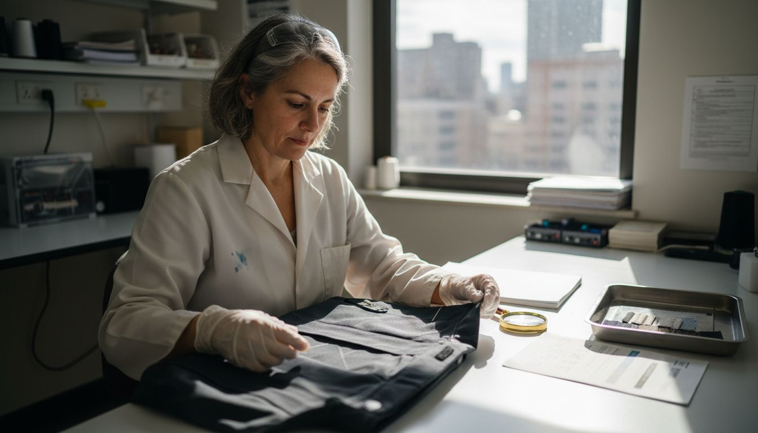 Engineer inspecting tech fabric jacket in lab