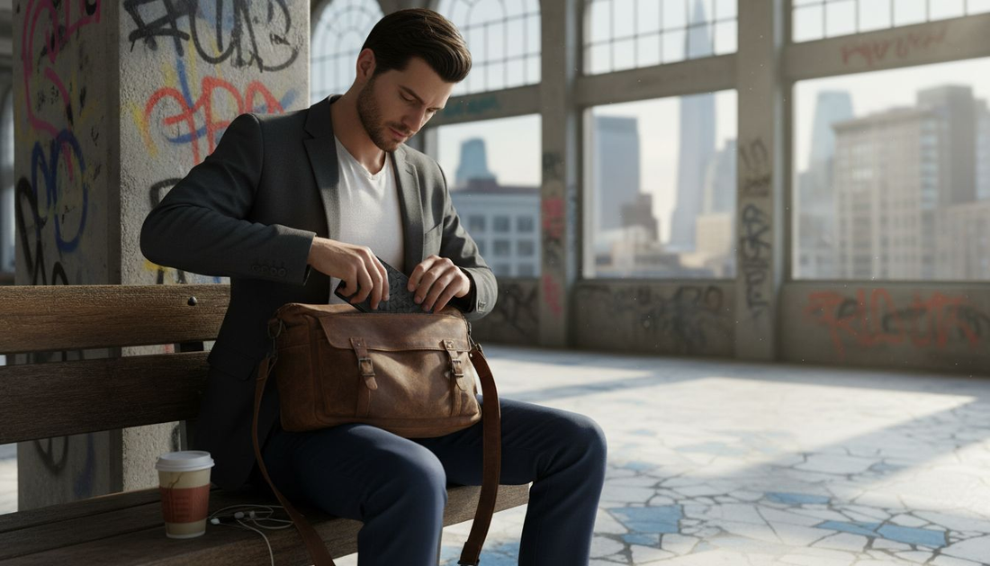 Urban professional with RFID wallet on subway bench