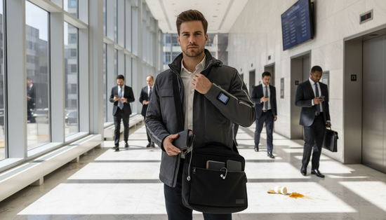 Urban professional with tech-enabled fashion accessories