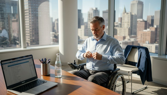 Man using adaptive shirt in office setting