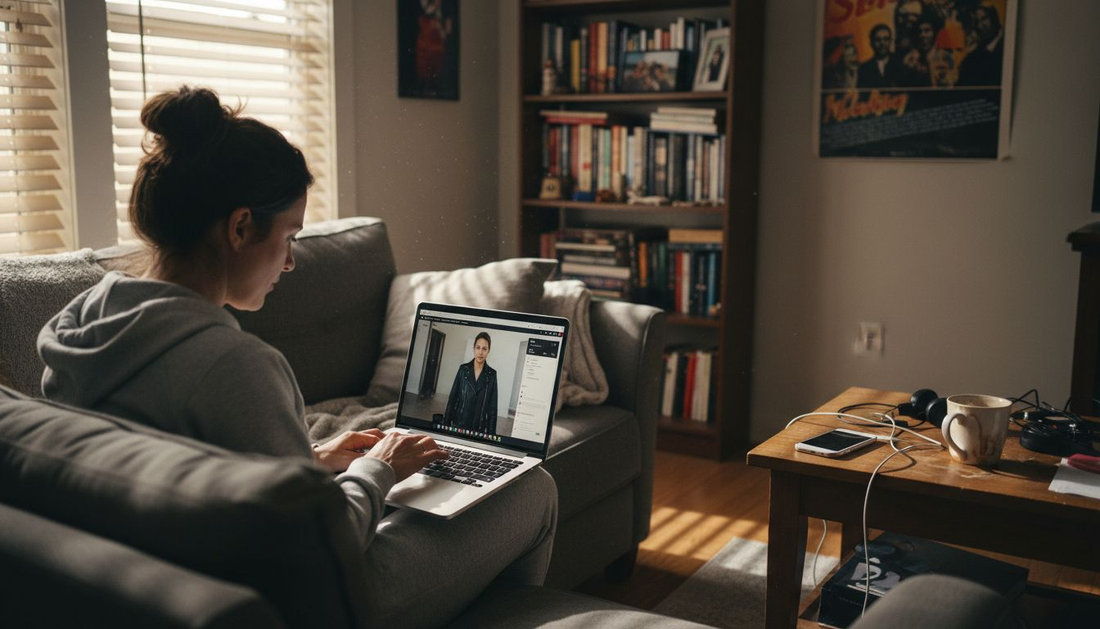 Woman using digital fashion in living room