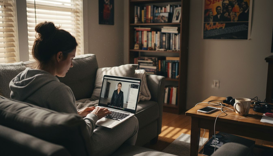 Woman using digital fashion in living room