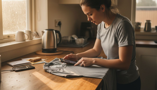 Woman inspecting smart clothing in bright kitchen