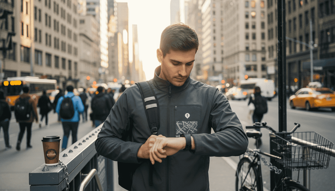Urban commuter wearing tech-enabled jacket outdoors