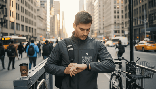 Urban commuter wearing tech-enabled jacket outdoors