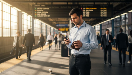 Urban professional using smart RFID wallet