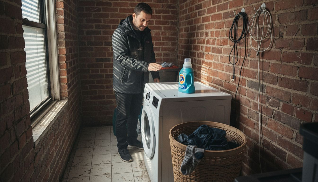 Man caring for tech-infused jacket in laundry room