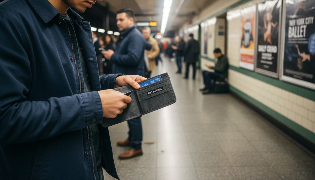 Person using RFID-blocking wallet on subway