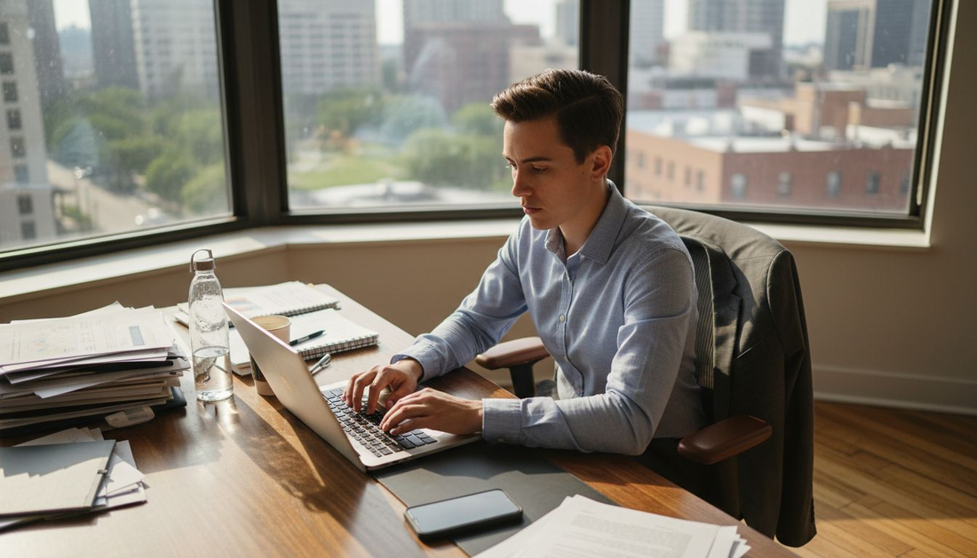 Person wearing smart fabric shirt in office