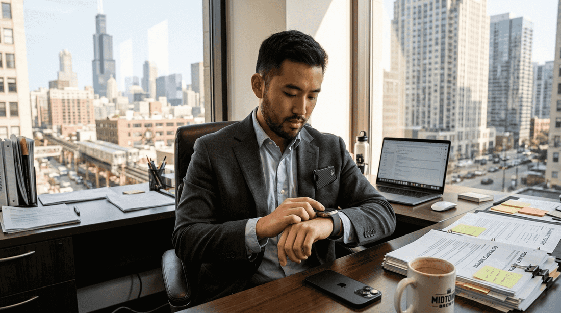 Professional using wearable tech in office