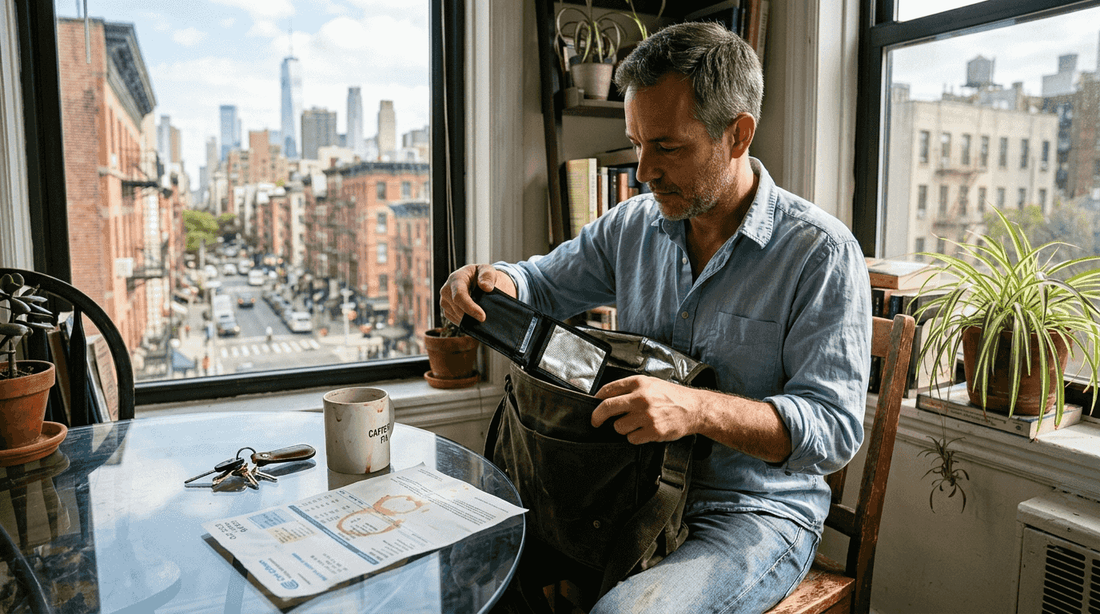 Man using RFID-blocking wallet in apartment