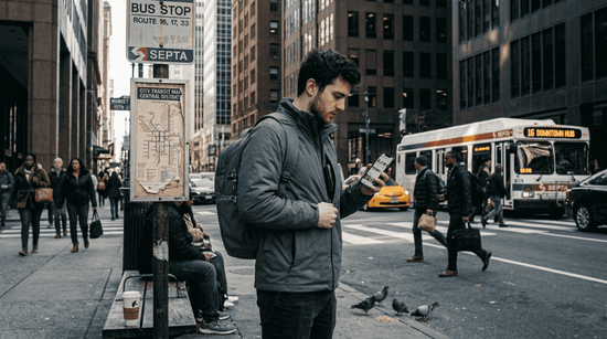 Urban commuter with anti-theft jacket at bus stop