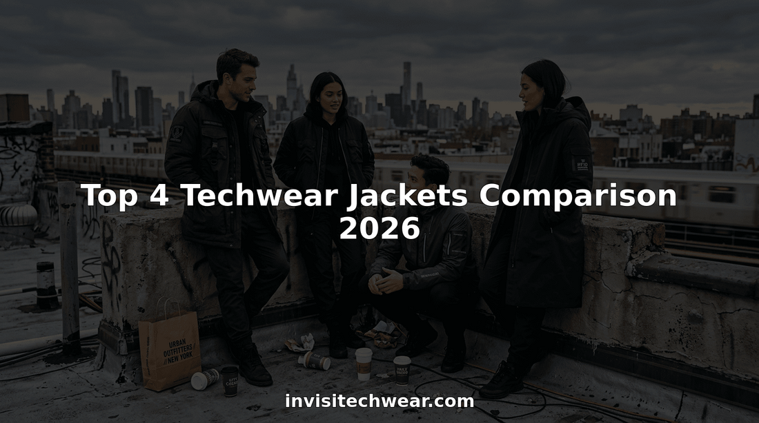 Four people showcase top techwear jackets on rooftop