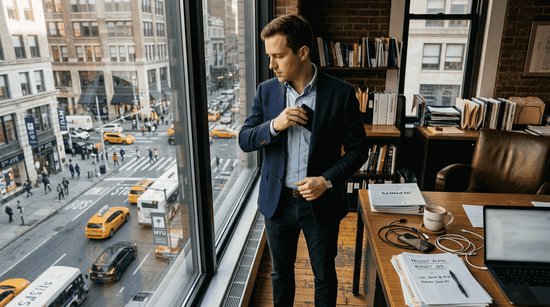 Professional secures wallet looking out office window