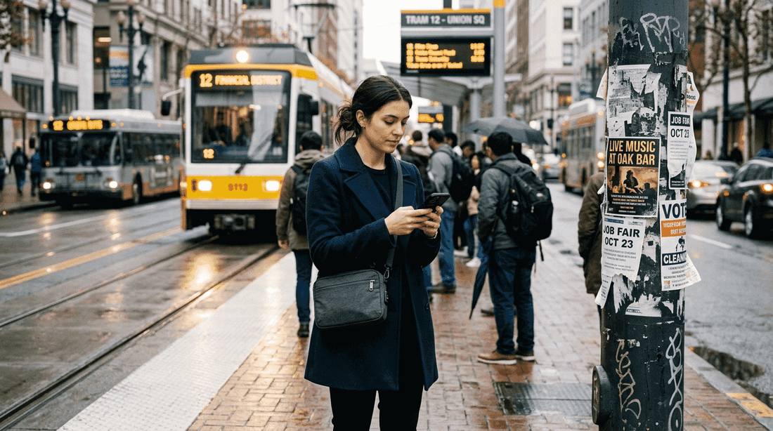 Woman with secure bag commuting at tram stop