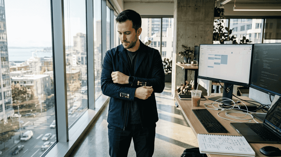 Tech professional adjusts smart jacket by window