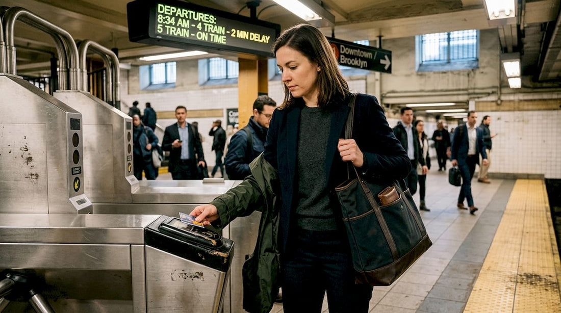 Commuter using RFID wallet at subway turnstile