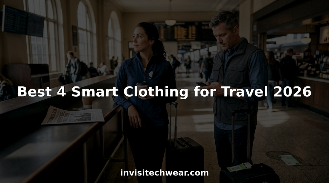 Travelers in tech-enhanced clothing at train station café