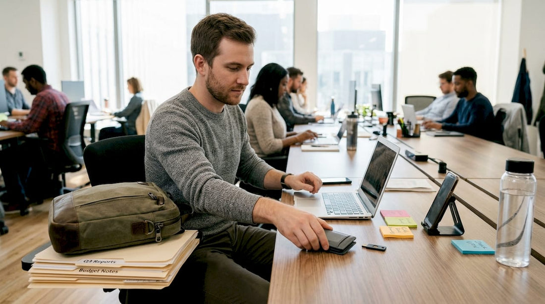 Professional arranging tech accessories at desk