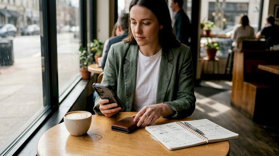 Woman comparing tech accessories in café
