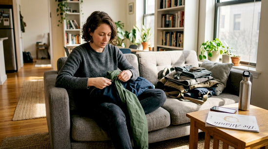 Woman changing modular jacket pieces at home