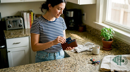 Woman using RFID wallet in home kitchen