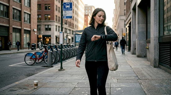 Woman wearing e-textile jacket in city street