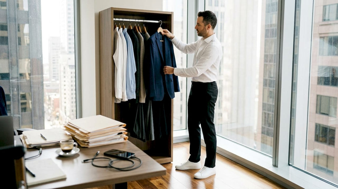 Urban professional selecting clothes from minimalist office wardrobe