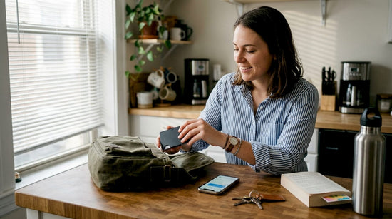 Person using a smart wallet at kitchen counter