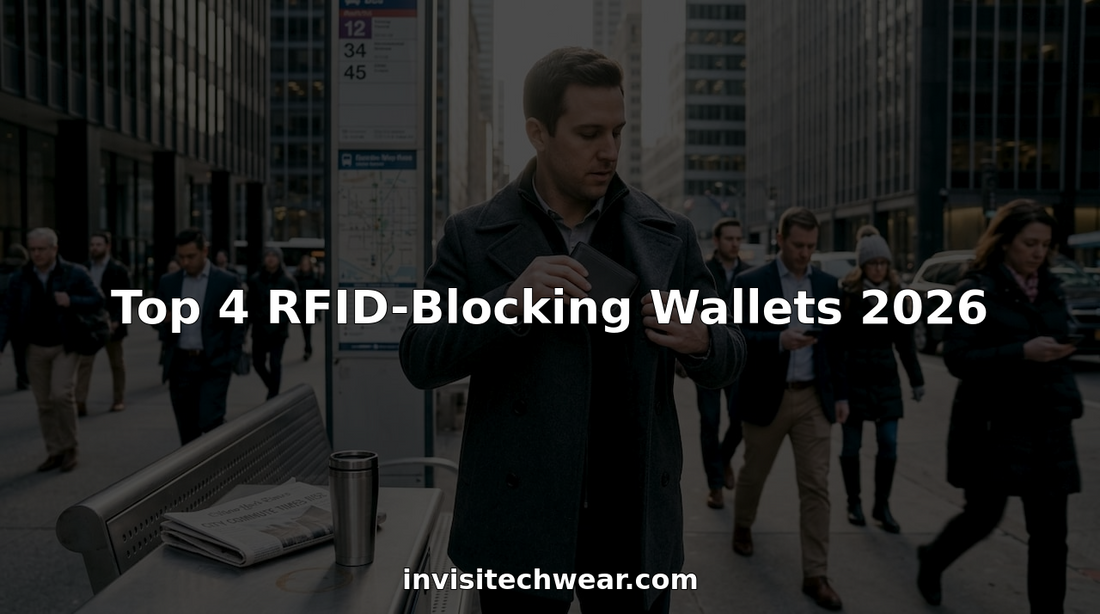 Commuter securing RFID-blocking wallet at bus stop
