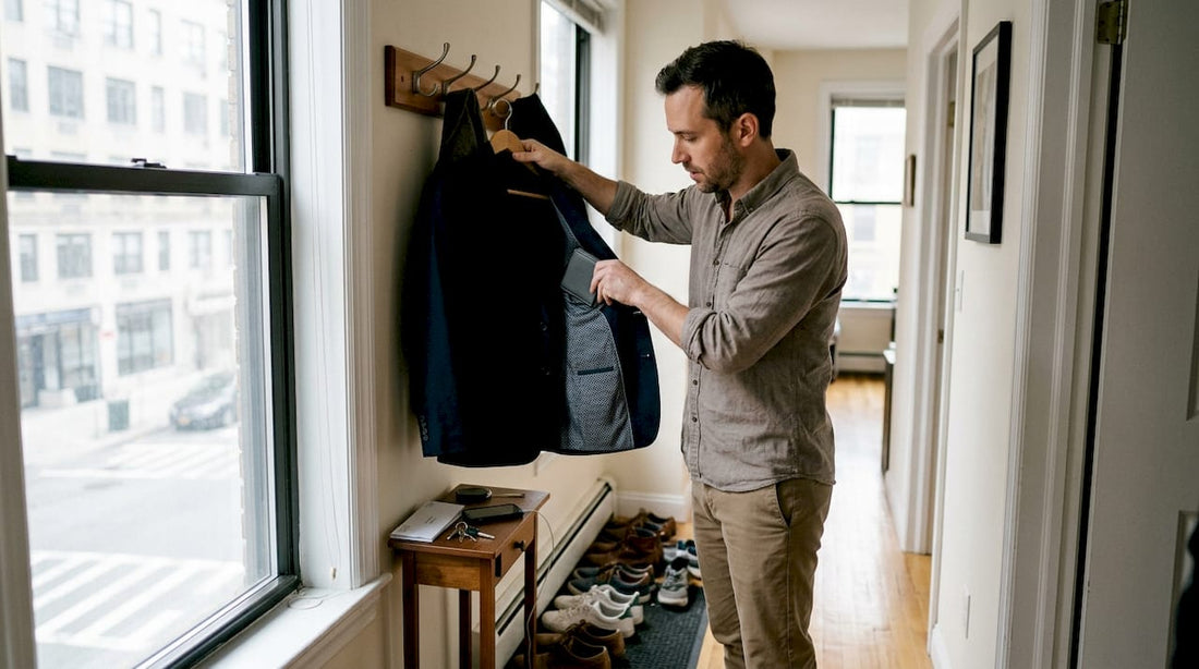 Man choosing tech-savvy blazer in apartment entry