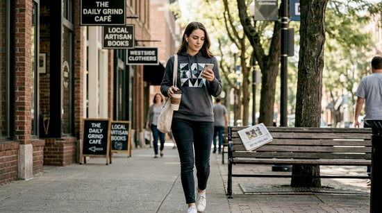 Woman in privacy hoodie walking city sidewalk