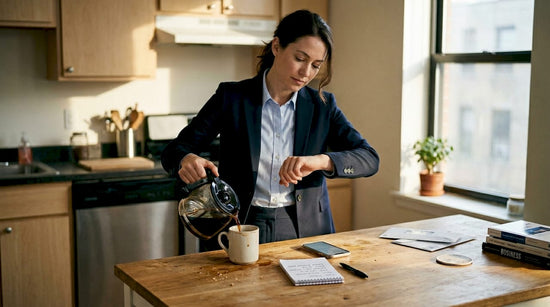 Businesswoman checking smartwatch in sunlit kitchen