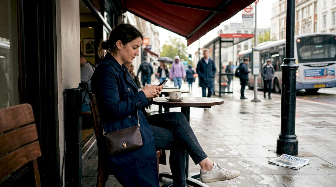 Urban commuter with secure crossbody bag at café