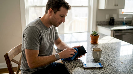 Man cleaning RFID wallet at kitchen island