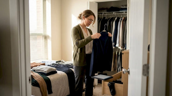 Professional auditing her work wardrobe at home