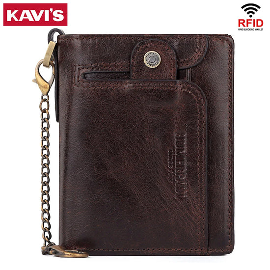 Real Leather Wallet for Men RFID Blocking Credit Card Holder Purse Male Short Bifold Zipper Coin Pocket with Anti-Theft Chain